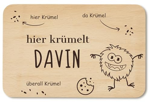Frühstücksbrettchen personalisiert mit Wunschgravur - personalisierte Geschenke Kinder - Frühstücksbrettchen Kinder - Geschenk zur Taufe/Einschulung - Brettchen Holz (Krümelmonster)