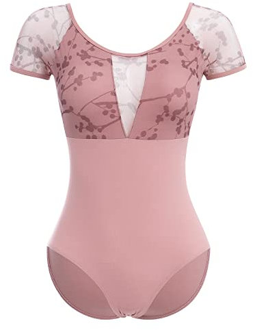 IBTOM CASTLE Body Danza Classica Donna Ginnastica Artistica Manica Corta Stand Collar Lace Ballet Leotard Pelle Rosa-Stampa floreale S