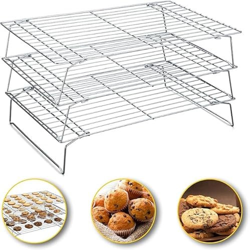 hunnycook Silber Stapelbare Abkühlgitter 3er-Set, Rechteckig Kuchengitter Abkühlgitter aus Edelstahl, 40x25cm Mehrweg Kuchengitter für Backen, Grillen und Trocknen, Gesund & Robust, Spülmaschinenfest