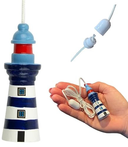 Lowgy Nautical Wooden Lighthouse Light Pull with Cord & Connector (Navy Blue & White)