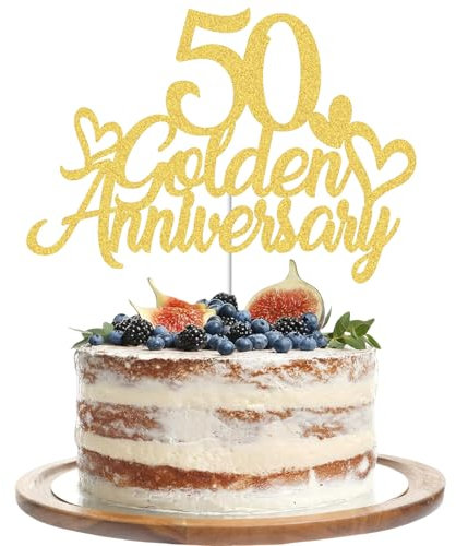 Gidobo 50th Golden Anniversary Cake Toppers, Glittery Cake Decorations with Love Heart Pick for 50th Wedding Anniversary Party Supplies
