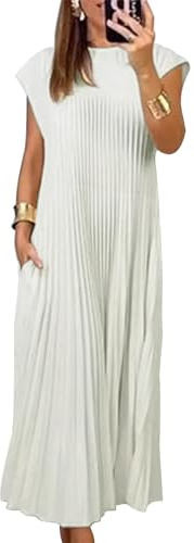 LZIALBM Women's Summer Pleated Maxi Dress 2024 Casual Cap Sleeve Loose Fit Flowy Long Dresses with Pockets, White, L