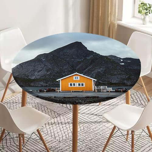 Treer Tischdecke Outdoor Rund, 3D Verschneite Berge Lotuseffekt Tischdecke Abwaschbar Elastisch Rund Gartentischdecke für Garten, Esstisch, Küche, Parteien Tischdecken (60cm,Hütte)