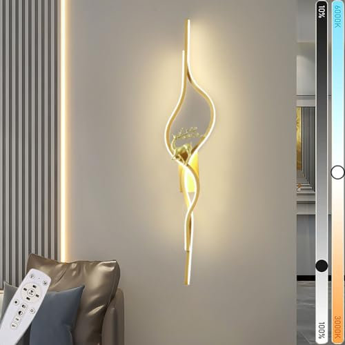 LOGT LED Lang Wandleuchte Innen 26W Schwarz/Gold Wandlampe Dimmbar mit Fernbedienung Moderne Linear Wandlicht Kurvendesign Dekorativ Nachttischlampe 3000K-6000K Aluminium Acryl,Gold,60CM