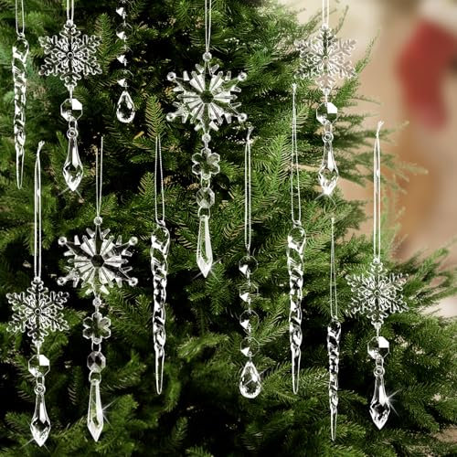 Juego de 20 adornos de Navidad para decoración de árbol, colgantes de cristal acrílico, copo de nieve, decoraciones de Navidad, decoraciones de gota de carámbano, para árbol de Navidad, suministros de