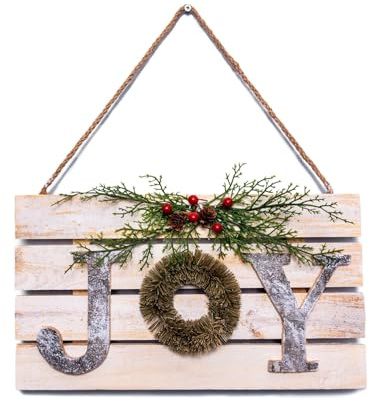 Christmas Hanging Wall Sign - JOY Letters in Wooden Frame, 20x40cm Decorative Plaque, Holiday Wall Art for Home,Door,Wall, Festive Christmas Décor