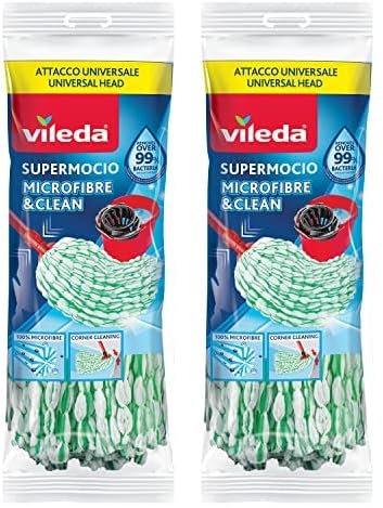Vileda SuperMocio Microfibre & Clean ricambio, confezione da 2, compatibile con manici e con attacchi a vite universali, rimuove oltre il 99% dei batteri solo con acqua