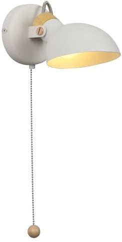 Aisilan White Wall Lights with Pull Cord Switch, Vintage Rotatable Wall Light Indoor with E14, Metal and Wood Adjustable Wall Sconce for Bedroom, Bedside and Living Room (No Bulb)