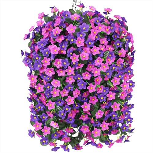 MJFloria Artificial Faux Fall Hanging Flowers Plants Baskets for Outdoor Outside, Fake Silk Dark Purple Fuchsia Daisy Mums Trailing Vines in Planter Realistic UV Resistant for Balcony Porch Decor