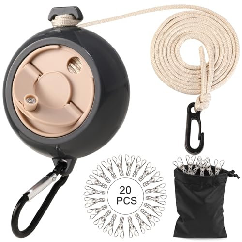 JASUEN Tendedero extensible para camping y viajes, actualizado, extralargo, 10 m, cable portátil y resistente con manivela grande (gris con caqui)