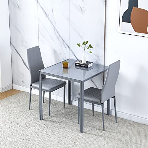 Modernes kleines Esstisch-Set mit 2 Hochglanz-Holzstühlen, stilvolles Küchenstuhl-Set mit hoher Rückenlehne und schwarzen Metallbeinen, grauem Glastisch und ledergrauen Stühlen, ideal für Zuhause,