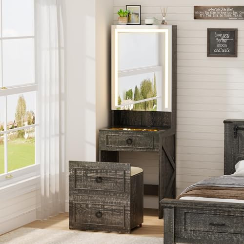 Gurexl Small Dressing Table with Mirror and Lights, Rustic Brown Compact Makeup Vanity Set with Wheels & Charging Station,Modern Glass Top Dressing Table with Jewelry Cabinet & Hidden Storage Stool
