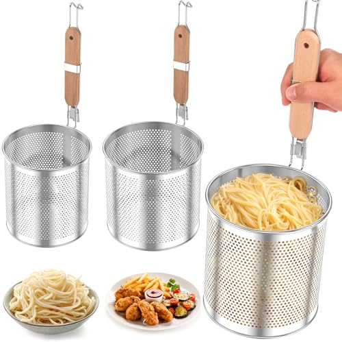 MENIBBLER 2 Pcs Pasta Strainer Basket, Stainless Steel Mesh Pasta Basket with Wood Handle, Practical Noodle Basket, Multifunctional Pasta Strainer Basket for Boiling Straining Deep Frying