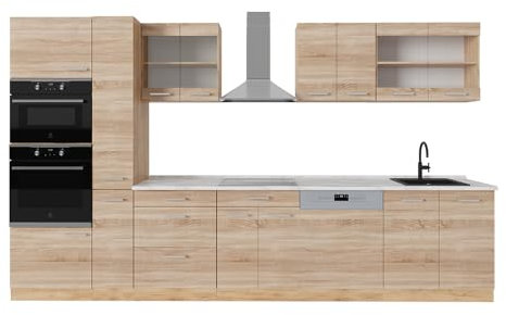 Vicco Küchenzeile R-Line, Küchenblock, Sonoma/Goldkraft Eiche, 350 cm, AP Marmor