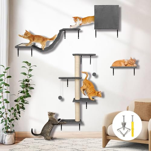 Myiosus Cat Wall Furniture Set,Sturdy Wall-Mounted Cat Shelves,4-in-1 Multi-Functional Cats Climbing Tree with 4 Steps Ladder,Scratching Posts and Perches for Sleeping Playing,Indoor,Grey