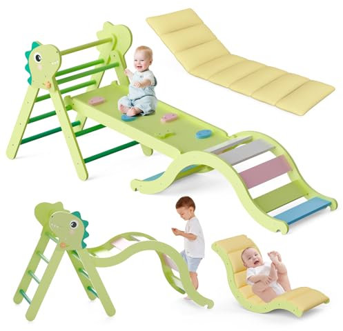LOVIVO Toddler Climbing Frame with Cushion, 9 in 1 Wooden Indoor Climbing Frame for Toddlers Age 1-3, Pikler Triangle Set with Slide and Rock Climb, Foldable Inside Montessori Climber Toys Play Gym
