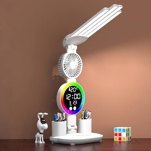 ZONJIE LED Desk Lamp - USB Rechargeable Desk Lamp Office with 3 Colour Mode and Dimmable Eye-Caring Study Reading Light Touch Desk Lighting with Fan Function, Calendar Temperature Display