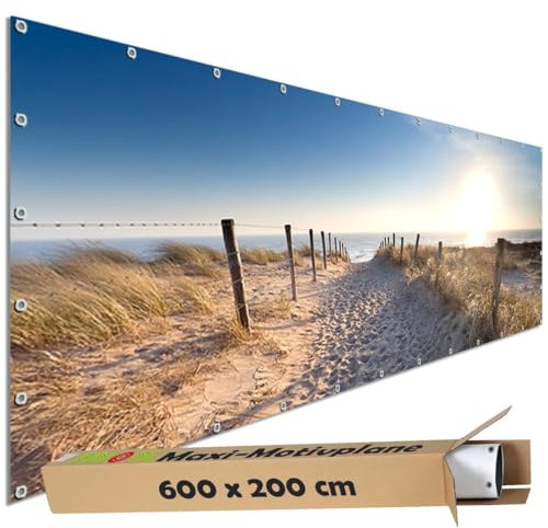 TRIOSK Große Motivplane Sichtschutz Zaunblende mit Motiv Dünenweg Strand Meer Motivbanner Garten Deko Plane Blickdicht für Zaun Terrasse Gartenzaun Zaunplane PVC 600x200 cm