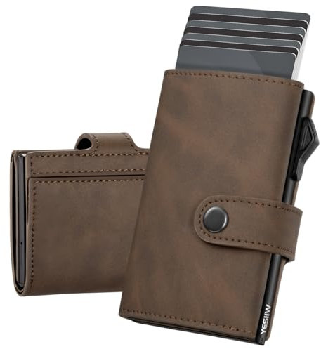 YESIIW Card Holder Mens Wallet RFID Blocking Leather Minimalist Smart Pop Up Wallet with 9 Cards, 2 ID Window, Trifold Credit Card Wallets for Men UK Magnetic Coin Pocket (Crazy Horse Brown