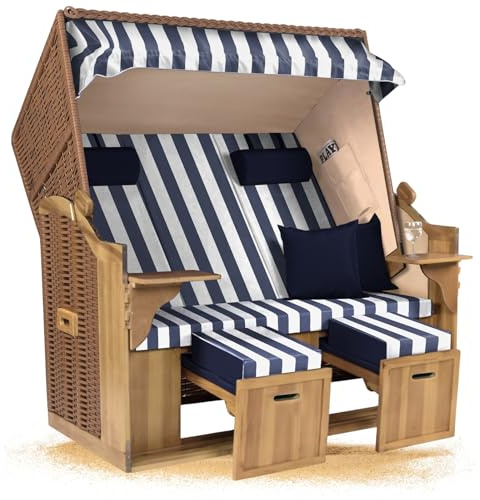 Strandkorb Hanse Ostsee Royal XXL 2,5 Sitzer Volllieger, 150 cm breit, Wacholderholz, Geflecht Natur, fertig montiert, 2 Schwenktische, Fußstützen, Bezug Blau Weiß Blockstreifen