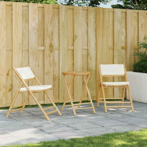 QJBSAVVA 3-TLG. Klappbares Bambus Bistro-Set mit cremeweißen Kissen 55 cm runder Gartentisch 2 Stühle Modernes Design platzsparend für Balkon Garten Terrasse