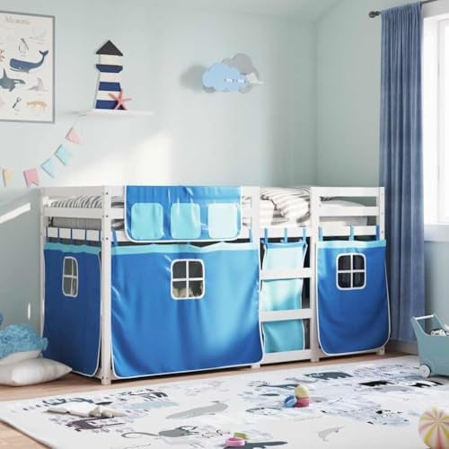 GeenYuu Etagenbett 80x200 cm, Massivholz Kiefer, Blau mit Vorhängen, Weißes Kinderbett mit Rausfallschutz, Jugendbett für Jungen und Mädchen