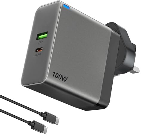 Bestwist 100W USB C Charger, GaN Dual Port Wall Charger (1 USB-C & 1 USB-A) with PD 3.0 | UK Plug | For MacBook Pro, Laptop, iPad, iPhone, Samsung Phone - Black