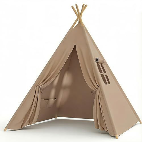 Tipi Zelt für Kinder: kinderzelt Indoor Baumwolle Indoor Spielzelt mit Kissen*3, LED-Lichterkette & Aufbewahrungstasche, Märchenstil Spielhaus für 3-12 Jahre