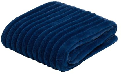 OHS Ribbed Faux Fur Blanket Navy Blue Throws for Sofa, Soft Cosy Warm Thick Fleece Blanket for Bed Couch Settee Faux Fur Throw Winter Blankets Lightweight Comfy Single Bed Throw, 125 x 150cm