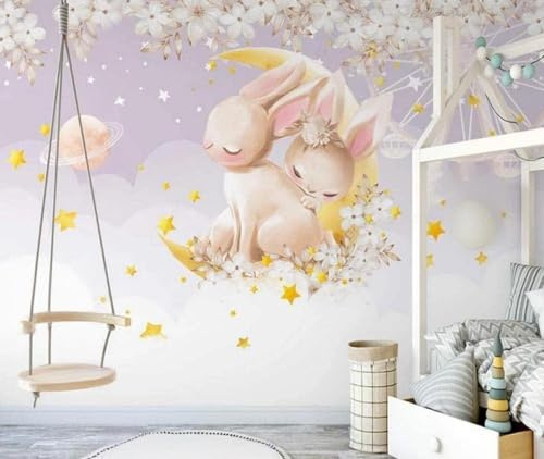 Tzxztt Cartone Animato Creativo Cielo Stellato Coniglio Fiori Moderna Carta Da Parati 3D Seta Pregiata Testurizzata Ideale Per La Camera Letto Del Soggiorno-150cm×105cm