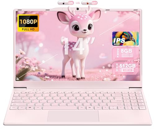 Rumtuk 14 Rosa Laptop,Celeron N5095,512GB NVMe SSD,8GB RAM DDR4 (bis zu 32 GB),IPS FHD Display,Ziffernblock,IPS FHD Display,Webcam,180°Scharnier,WiFi,Ultrasportables Notebook für Geschäft Studium