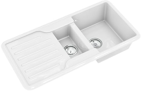 Flode Comite Traditional Style 1.5 Bowl Inset Kitchen Sink – Gloss White – 1000 x 500mm – Reversible Drainer – Chrome Basket Wastes Included – Composite Sink