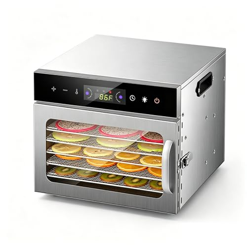 6Tray Stainless Steel Food Dehydrator, Fruit Dryer Machine, 30~90℃ Temperature Setting and 24 Hour Timer, Commercial Drying Fruits Machine for Fish Vegetables Meat Jerky Herb