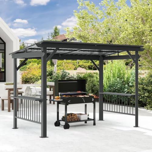 Domi Grillpavillon 1,97 × 3,63 m mit Hardtop, BBQ-Pavillon aus Stahl mit 2 Seitenablagen, Schräges Stahldach, Wetterfester Grillunterstand mit Deckenhaken für Terrasse, Garten und Hof, Grau