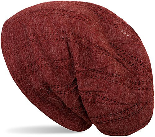 styleBREAKER Beanie Mütze mit Lochstrick Muster, Vintage Slouch Longbeanie, Unisex 04024095, Farbe:Bordeaux-Rot