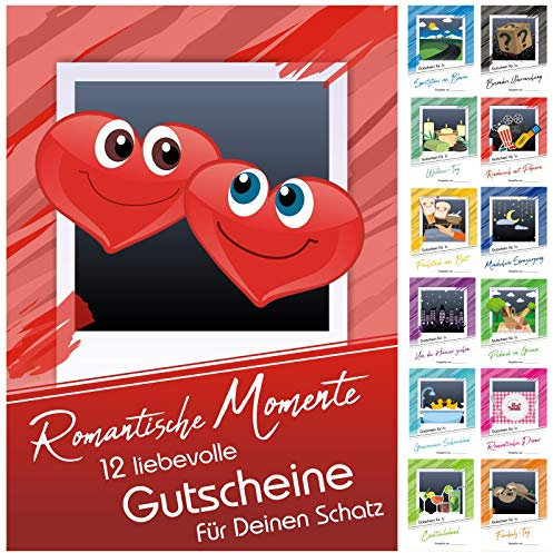 12 Verwöhngutscheine ROMANTISCHE MOMENTE inkl. 3 Blankokarten zum Selbstausfüllen - Jahreskalender als Geschenk zu Weihnachten, zum Valentinstag, zum Hochzeitstag oder zum Geburtstag