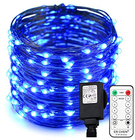 Erchen Strom-betrieben LED Lichterkette, 66 FT 200 LED 20M Stecker dimmbare Kupfer Draht Lichterketten mit 4.5V DC Adapter Fernbedienung für Innen Außen Weihnachten Party (Blau)