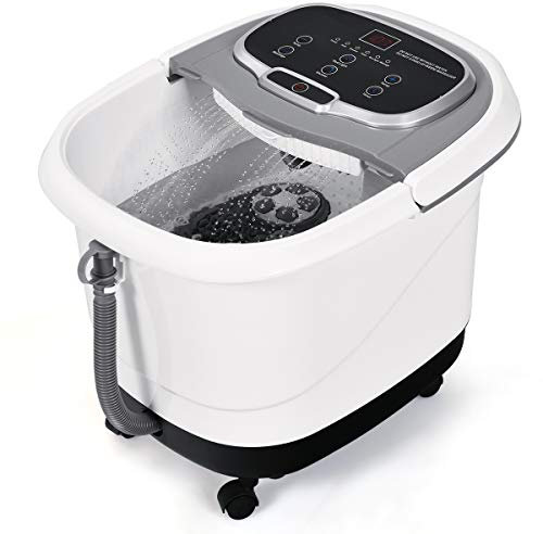 GOPLUS Bain de Pieds avec Lumière Rouge et Fonction de Douche, Chauffant et Vibrant avec Bulles, Masseur de Bain de Pieds avec Température et Temps Ajustable, 6 Rouleaux Électriques (Gris)