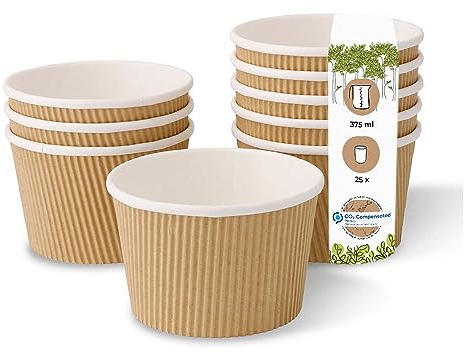 GREENBOX Einweg Bio Suppen-Becher To Go Suppen Einweggeschirr I Riffelbecher Suppen Kraft-Karton-Becher mit PLA Innenbeschichtung weiß/braun, ungebleicht I 25 Einweg-Becher kompostierbar 375 ml