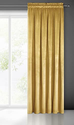 Eurofirany Pierre Samt Vorhang mit Kräuselband -1 STK. Velvet Einfarbig Gardine 200g/m², Samtvorhang für Wohnzimmer Schlafzimmer, 140x300 cm, Senfgelb