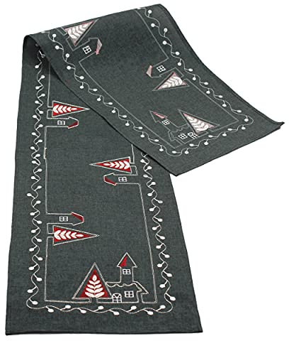 Tischläufer Tischdecke 35 x 170 cm Weihnachten Stickerei Mitteldecke Weihnachtsdeko Tisch Tannenbaum Schneemann Kirche Weihnachtstisch (Motiv Kirche)