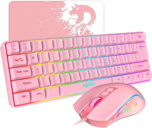 HXSJ V700 Teclado y Ratón para Juegos,Teclado para Juegos 60%,US Layout,Diseño Compacto de 61 Teclas,Retroiluminación RGB,Ratón con Sensor óptico,Luz LED de Colores,hasta 3600 dpi,para PC,Mac -Rosa