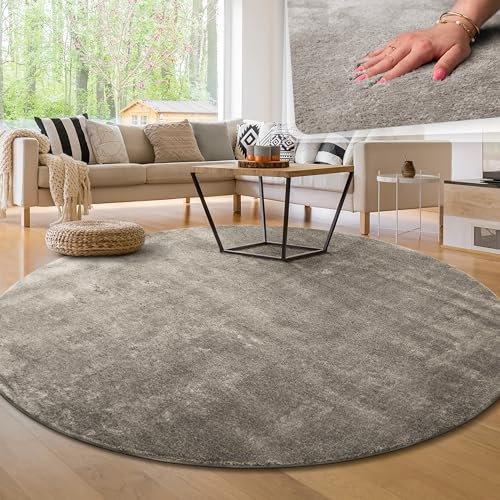 Paco Home Moderner Kuscheliger Wohnzimmer Teppich Kurzflor waschbar flauschig Weich Einfarbig Felloptik zeitlos stilvoll rutschfest pflegeleicht, Grösse:80 cm Rund, Farbe:Grau
