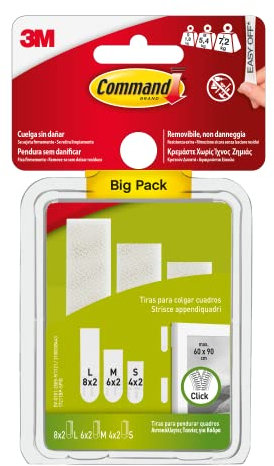 Command Tiras Adhesivas para Colgar Cuadros, 8 pares Grandes/6 pares Medianas/4 pares Pequeñas, Blancas - Para Marcos, Espejos, Letreros, o Relojes de Pared - Colgar Sin Agujeros y Sin Taladrar