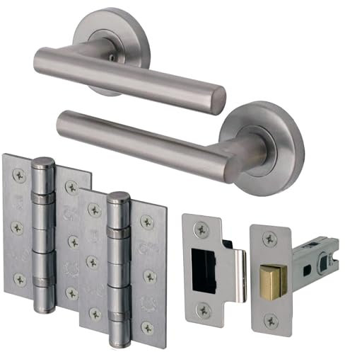 EAI Round Internal Door Handle Set - Satin Nickel | Latch (78mm), Handles, & Hinges (102mm) | Universal Black Handle | Office, Bedroom, Kitchen, Lounge & Closet Lever on Rose | Interior Handles