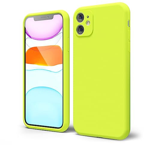 oakxco for iPhone 11 Phone Case Liquid Silicone, Fluorescent Bright Solid Color, Cute Thin Slim Soft Rubber TPU Plain Gel Matte Protective Cover for Women Girl, Lime Neon Green
