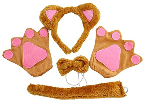TSHAOUN Ours Déguisement Animal Ours Cosplay Set en Peluche Avec Ours Oreilles Queue Et Noeud Papillon Griffe Gants pour le déguisement d'Halloween, le jeu de Ours et le jeu de rôle animalier (Brun)