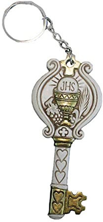 DLM33750 (Kit 6 Pezzi) Portachiavi Ciondolo in Resina Chiave Portafortuna con Calice Prima Comunione Cuori bomboniera