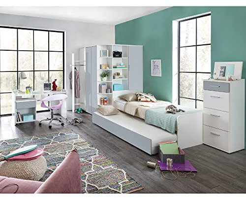 Lomadox Jugendzimmer Set7-teilig mit Eckkleiderschrank inkl. Beleuchtung und Schreibtisch Set, Ausziehliege und Hochkommode in weiß mit Light Grey