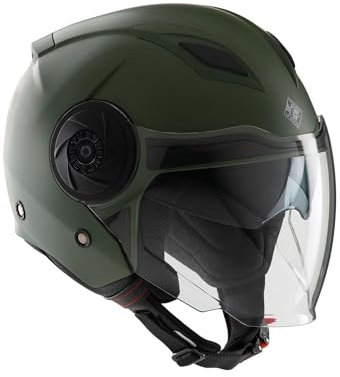 Tucano Urbano casco jet unisex EL'CITY. Casco moto in policarbonato, casco scooter per la mobilità urbana con doppia visiera e ventilazione Clima System. Casco omologato ECE 22.06 Verde opaco Tg. XL